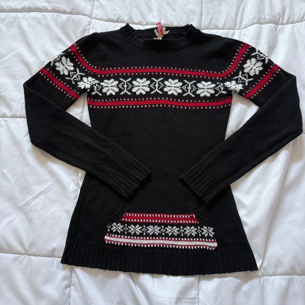 Vintage Black Fair Isle Snowflake Knit Sweater Small Kangaroo Pocket Red Holiday